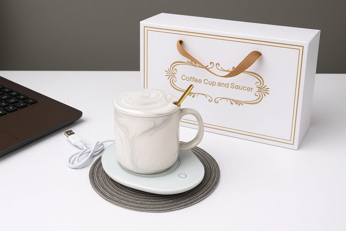 סט כוס חשמלית מעוצבת – כולל תחתית חימום USB