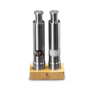 סט זוגי מלח ופלפל נירוסטה +מעמד עץ יוקרתי BH-7783