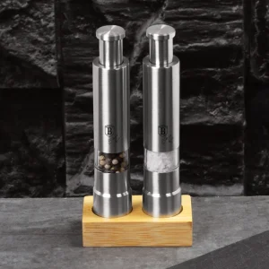 סט זוגי מלח ופלפל נירוסטה +מעמד עץ יוקרתי BH-7783