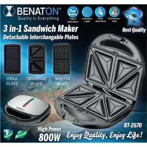 טוסטר פלטות מתחלפות 3ב-1 משטח גריל + ופל בלגי + משולשים BT-2670