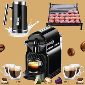 ערכת קפה כוללת- מכונת קפה, מקציף, מתקן קפסולות ו4 כוסות אספרסו