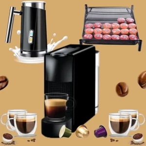 ערכת קפה כוללת- מכונת קפה, מקציף, מתקן קפסולות ו4 כוסות אספרסו