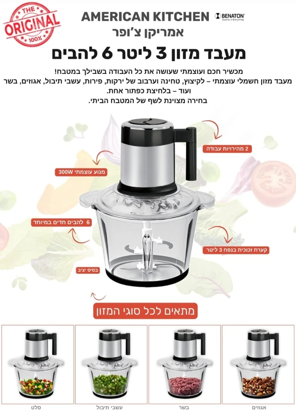 מעבד קוצץ מזון חשמלי זכוכית 3 ליטר BENATON דגם BT-1199 – תמונה 3